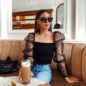 Black Sheer Polka Dot Women's Top